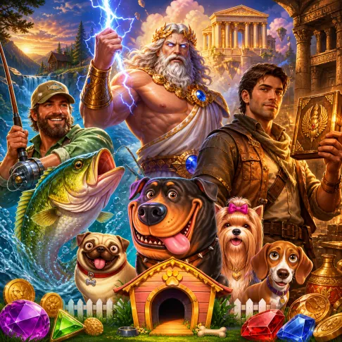 Illustration of a dynamic fantasy-themed slot game with mythical creatures and vibrant landscapes